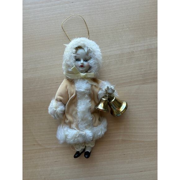 Vintage Porcelain Doll Christmas Ornament with Bells - Picture 2 of 9